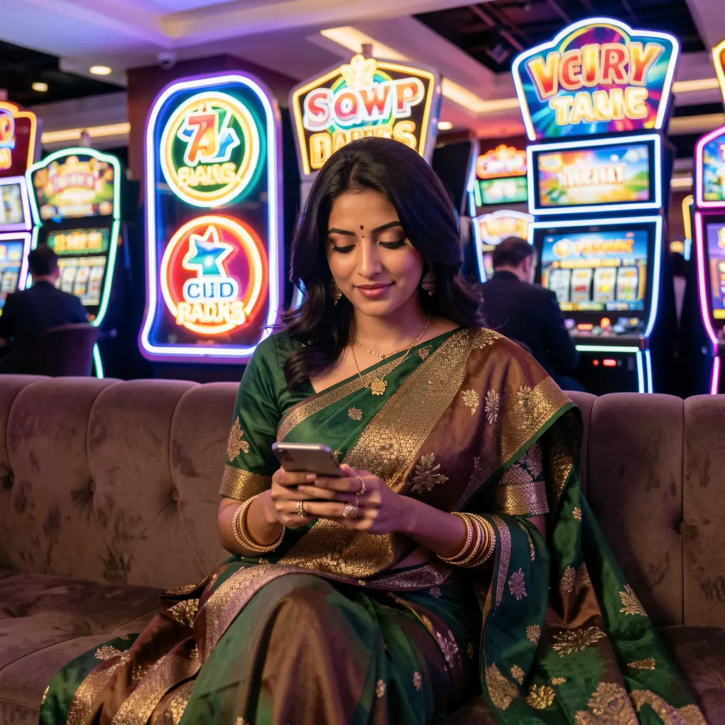 Focused Bangladeshi woman using the EP444 casino app on her phone with colorful neon cards and casino symbols glowing behind her