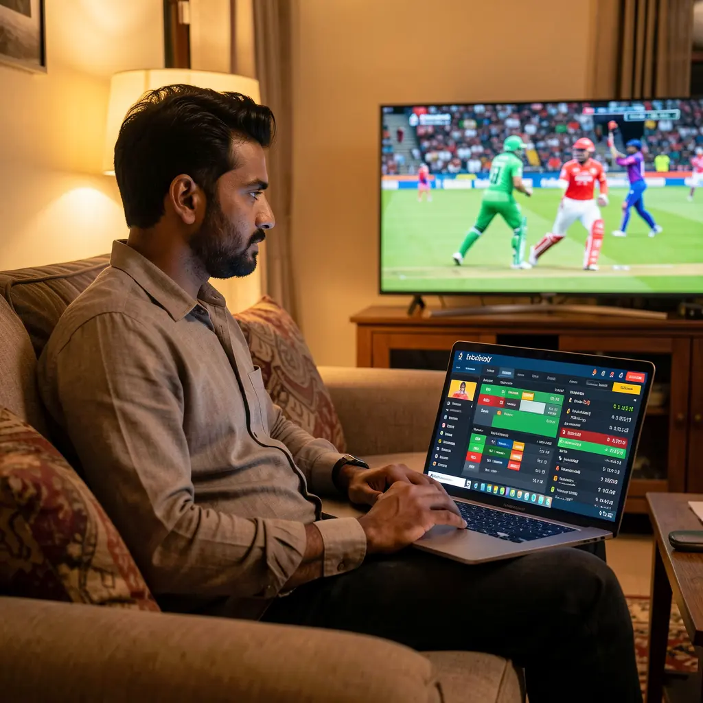 Focused Bangladeshi sports bettor using a laptop with the EP444 betting platform while watching a live cricket match on TV in a cozy home setting