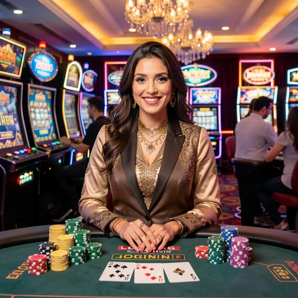 Friendly live casino dealer pointing towards the camera with a welcoming smile and poker chips on the table highlighting the interactive EP444 casino experience for Bangladesh