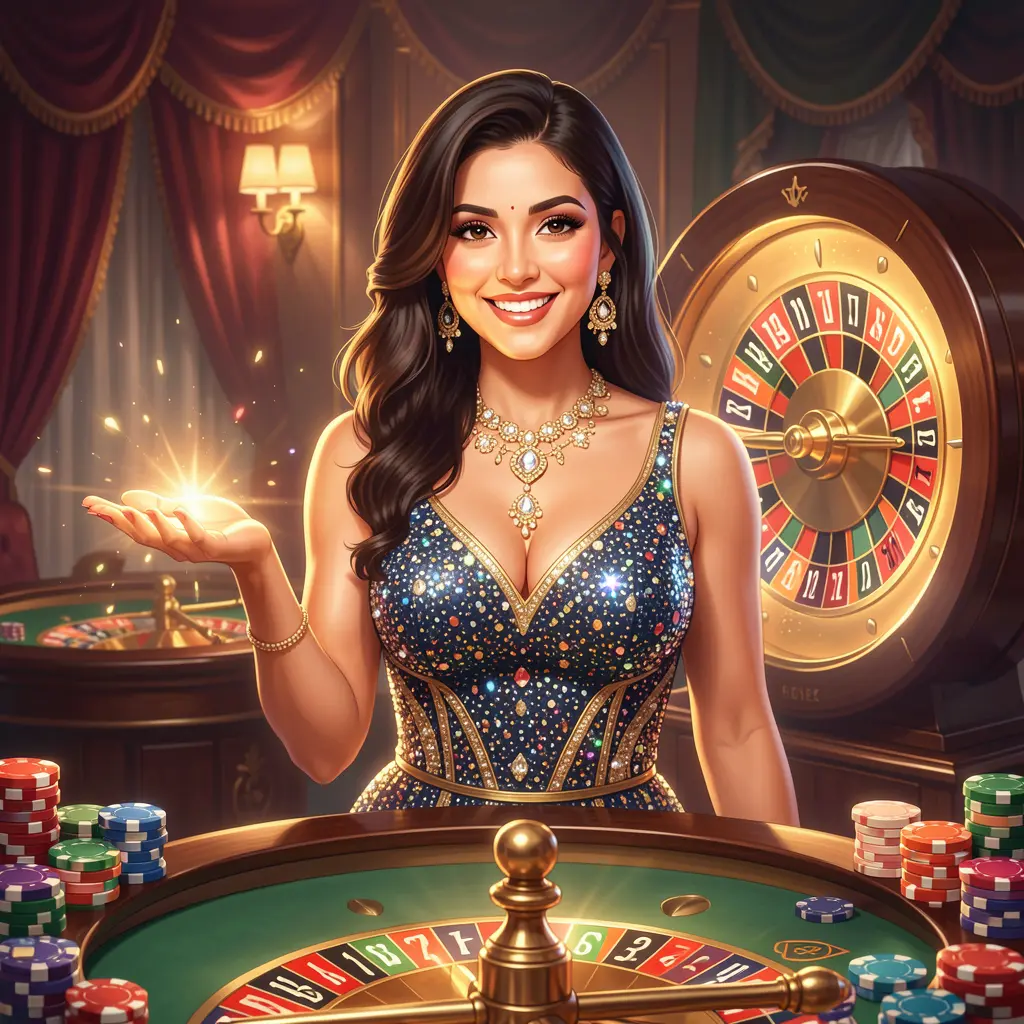 Elegant Bangladeshi casino hostess welcoming players with an extended hand surrounded by glowing roulette lights and chips at EP444