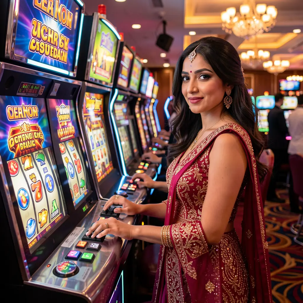 Elegant female player in a luxury red dress enjoying glowing slot machines in a premium casino atmosphere at EP444 designed for players in Bangladesh